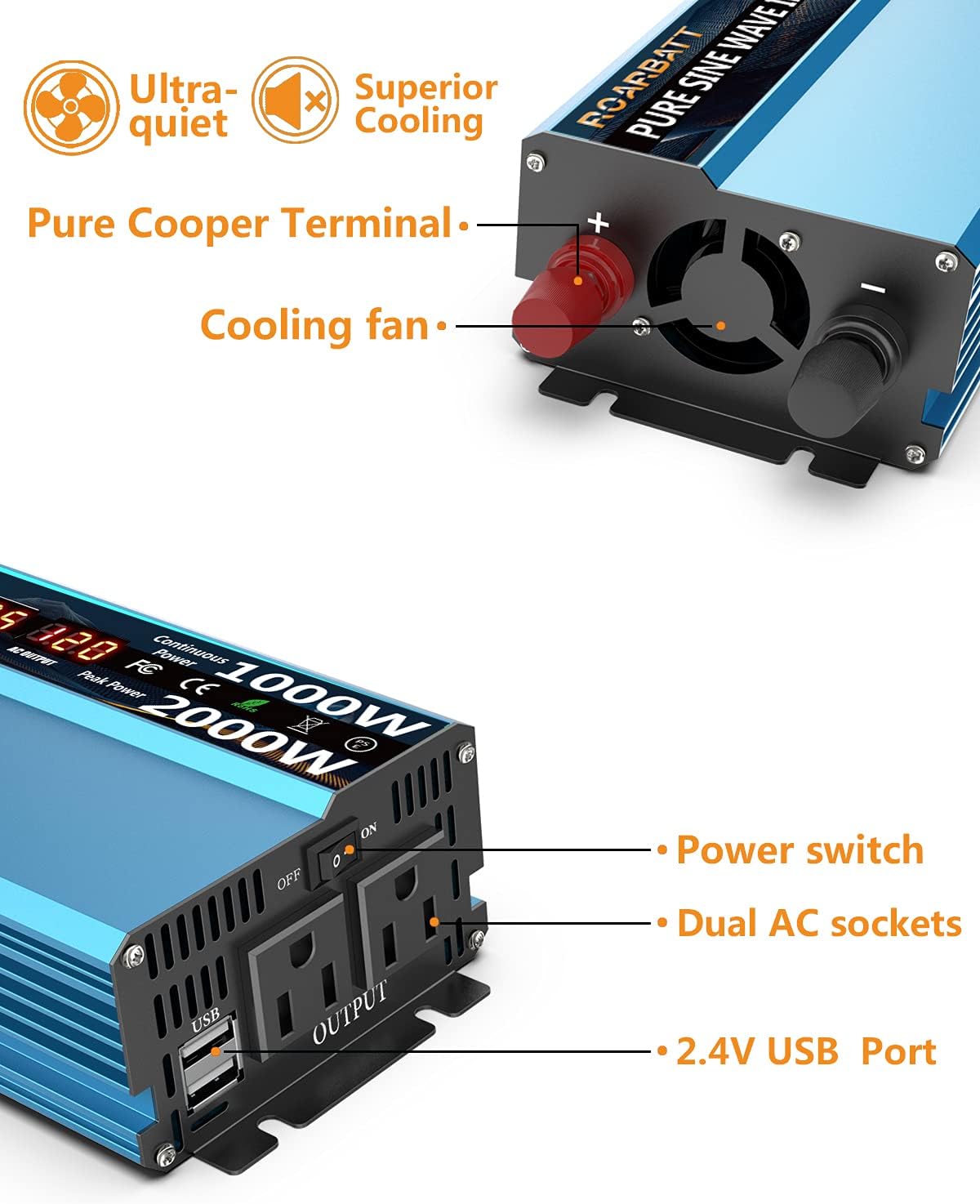 ROARBATT Pure Sine Wave Inverters 1000W Continuous/2000W Peak DC 12V to AC 110V Car Power Inverter 2 AC Outlets & 3.4A USB Output