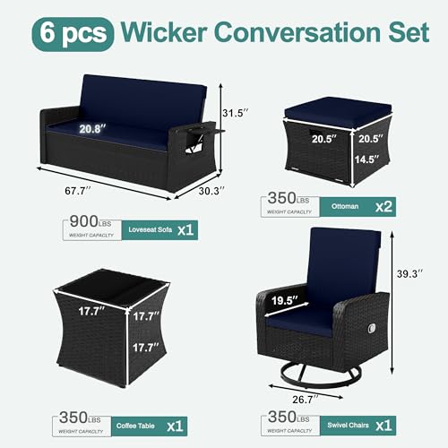 6 Piece Patio Furniture Set, Wicker Patio Conversation Sets with Swivel & Recline Chairs, Outdoor Sectional Sofa Sets with 2 Storage Ottoman