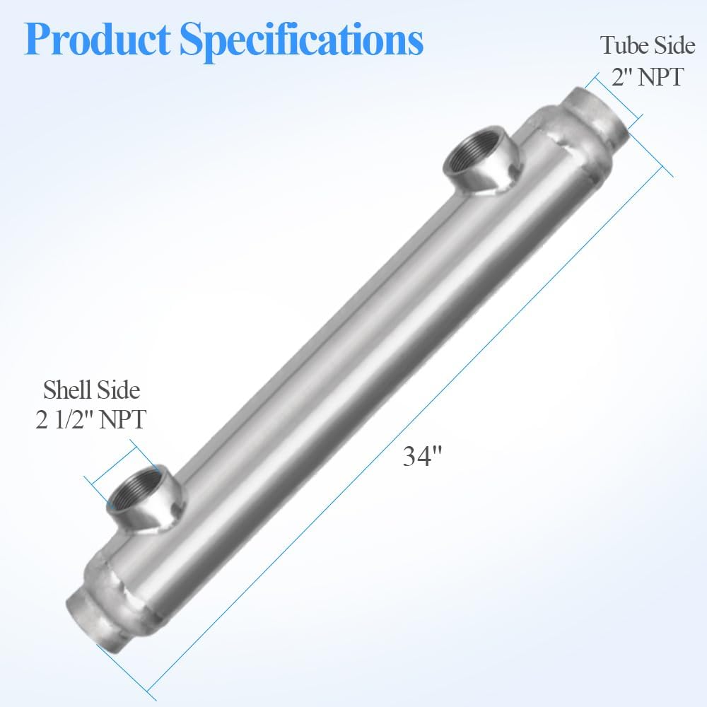 AB 600kBtu Titanium Pool Heat Exchanger: Shell and Tube Heat Exchanger Same Side Ports 2 1/2" & 2" FPT