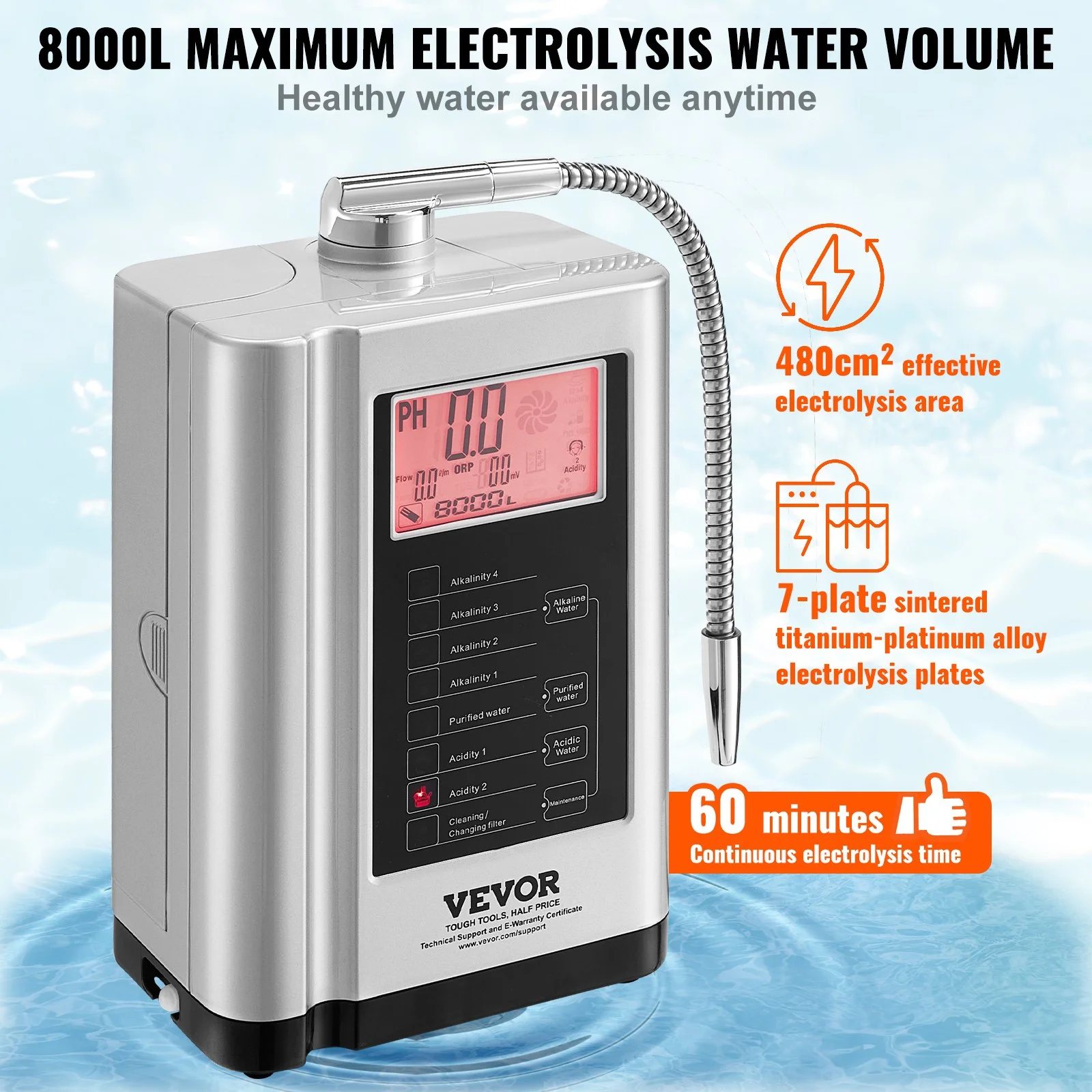 VEVOR Alkaline Water Ionizer Machine, pH 3.5-10.5, 7 Water Settings, -550mV ORP, 8000L Per Filter, Auto-Cleaning