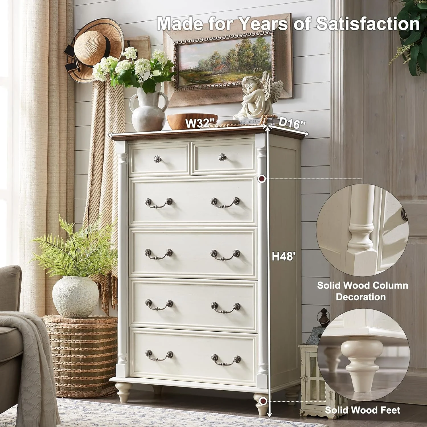 OKD Farmhouse Dresser Chests of 6 Drawers for Bedroom,Dresser Storage Organizer for Living Room, Antique White