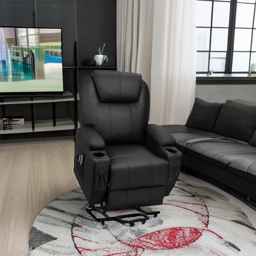 Flamaker Power Lift Recliner Chair PU Leather with Massage for Elderly Ergonomic Lounge Chair Classic Single Sofa with 2 Cup Holders Side Pockets