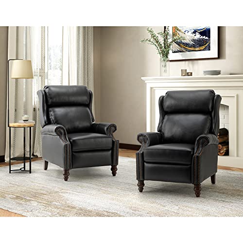 HULALA HOME Genuine Leather Manual Recliner,Push Back Recliner Chair with Solid Wood Legs, Wingback Recliner with Nailhead Trim