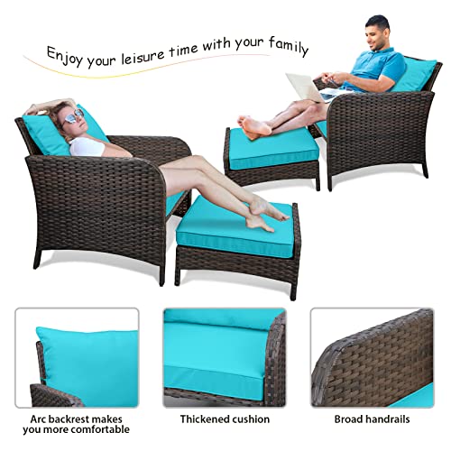 LEVELEVE Balcony Furniture 5 Piece Patio Conversation Set, PE Wicker Rattan Outdoor Lounge Chairs with Soft Cushions 2 Ottoman&Glass Table for Porch