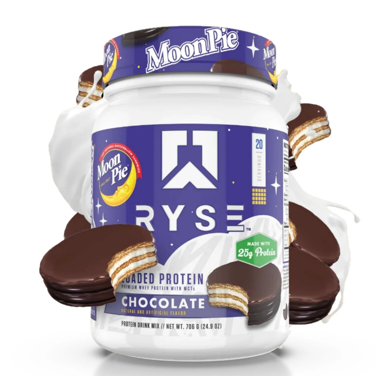Ryse Loaded Protein Powder | 25g Whey Protein Isolate & Concentrate | with Prebiotic Fiber & MCTs | Low Carbs & Low Sugar | 20 Servings (Moon Pie