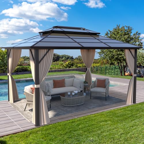 MELLCOM 10'x13' Hardtop Gazebo with Polycarbonate Double Roof, Aluminum Frame Outdoor Gazebo Permanent Pavilion with Curtains and Netting for Patio