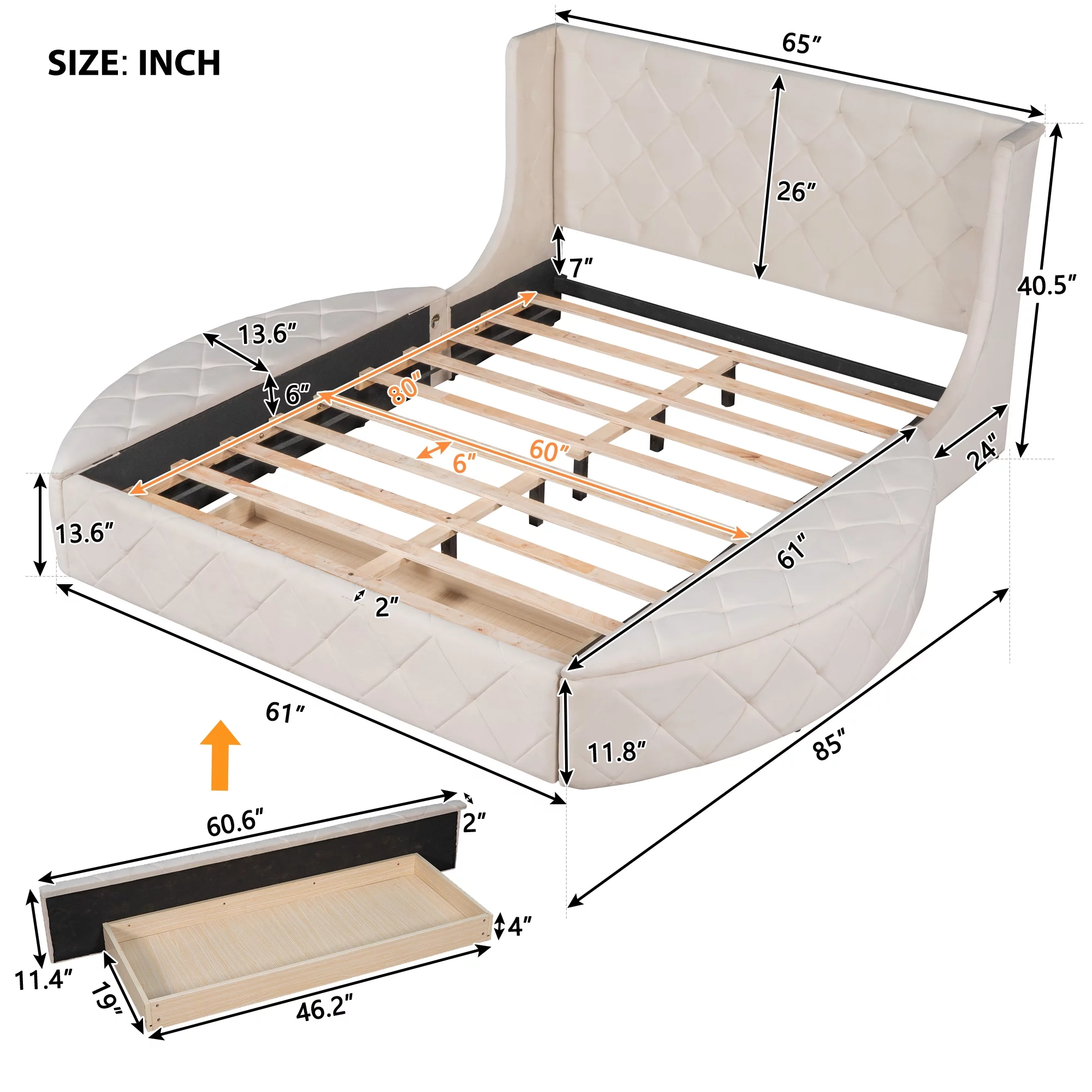 Churanty Queen Upholstered Storage Velvet Platform Bed with Wingback Headboard,Storage Platform Bed Frame with Drawer and 2Side Storage Stool,Beige