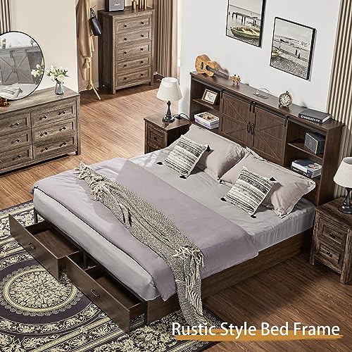 VanAcc Full Size Bed Frame, Wooden Platform Storage Bed with 51.2" Bookcase Headboard, 2 Drawers