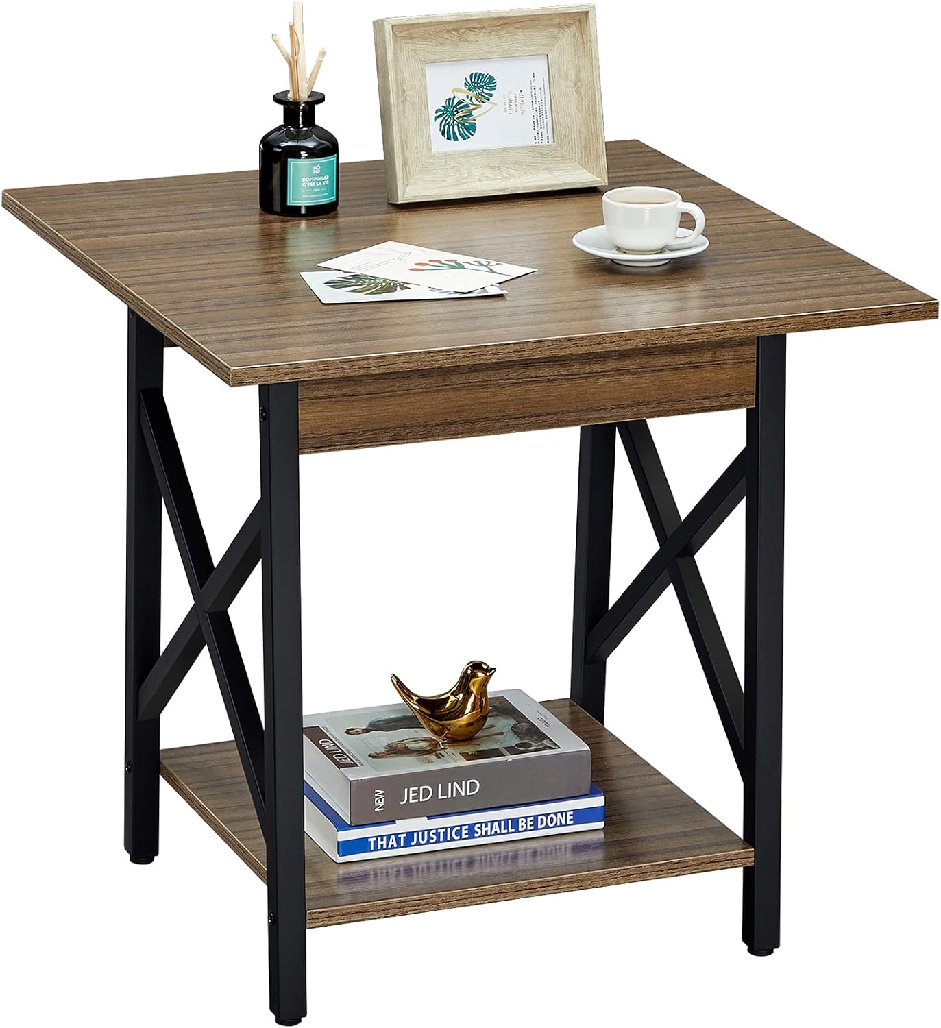 GreenForest End Table 24 inch Industrial Design Side Table with Storage Shelf for Living Room, Easy Assembly, Rustic Walnut Pack of 2