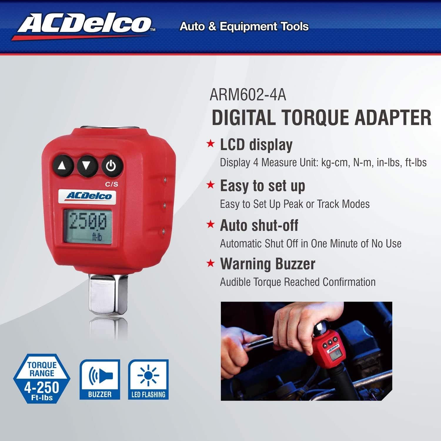 ACDelco ARM602-3 3/8” (5.9 to 59 ft-lbs.) Heavy Duty Digital Torque Adapter with Buzzer and LED Flash Notification – ISO 6789 Standards with