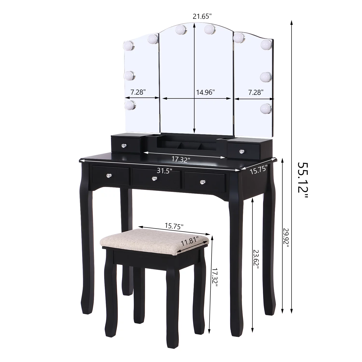 BEWISHOME Vanity Set with Lighted Mirror, Makeup Vanity with Tri-Folding Mirror 10 LED Bulbs