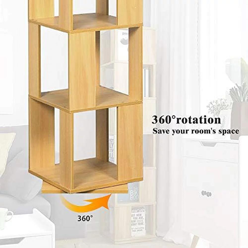 QIHANG- 6 Tier Wooden Bookcase Corner Tall Book  Modern ° Rotating  Display Rack Floor Standing Shelves with Open Design Shelving Unit for Home