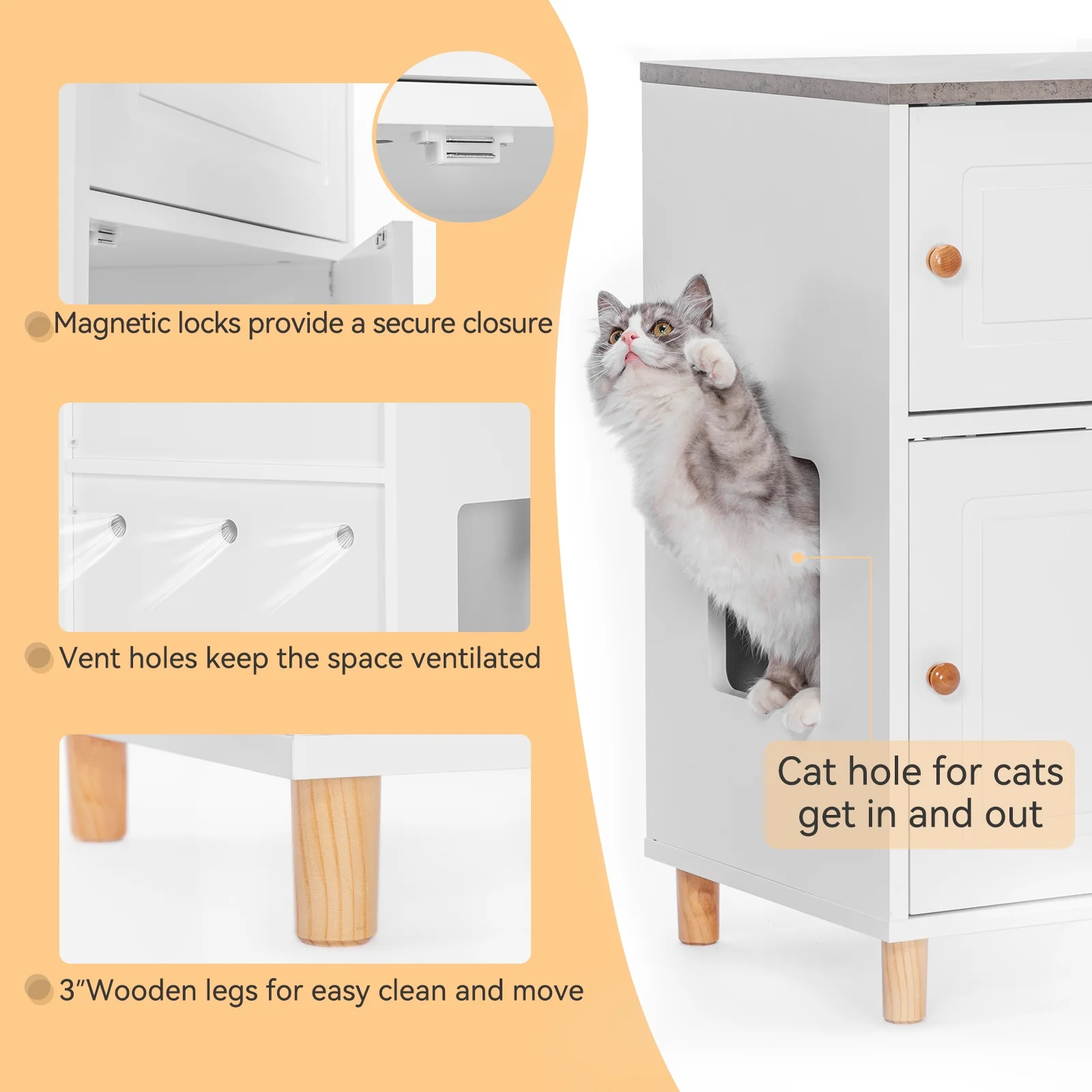 PETSFIT Cat Litter Box Enclosure, Odor-Free Design, Storage Cabinet, Easy-Clean, and Stylish Hidden Cat  Litter Box Furniture White