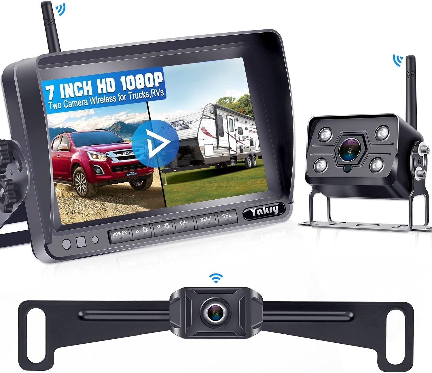 RV Backup Camera Wireless HD 1080P Car/Truck Hitch Rear View Camera + Trailer Rear View Camera with 7 Inch Monitor with Adapter Compatible with