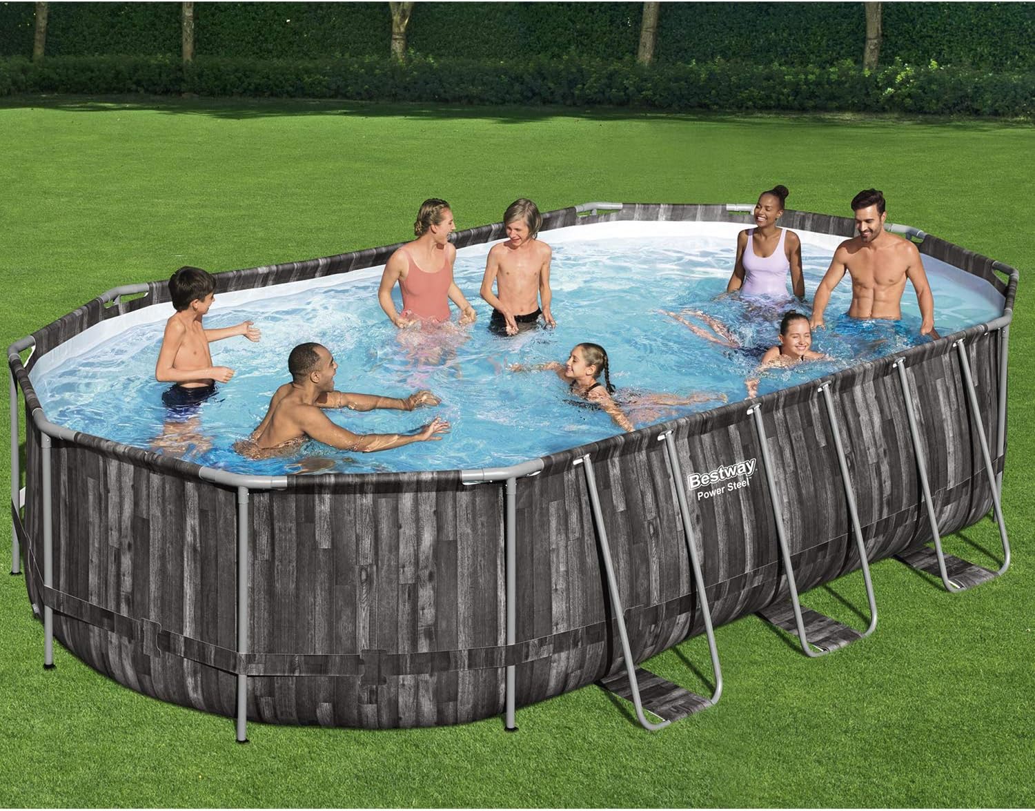 Bestway Power Steel 20 x 12 x 4 Foot Above Ground Oval Swimming Pool Set with Ladder, Cover, Pump, Replacement Cartridge, & Accessory Repair Kit