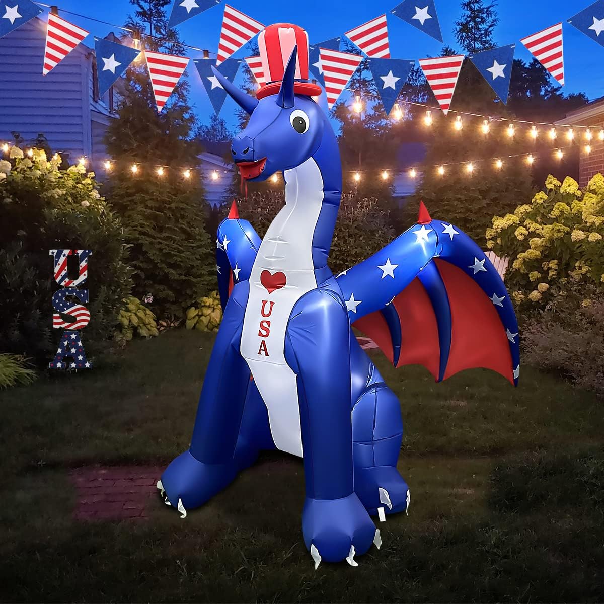 BLOWOUT FUN 8 FT Independence Day Inflatable Dragon with America Style Decorations Patriotic 4th of July for Home Yard Lawn Garden Indoor Outdoor