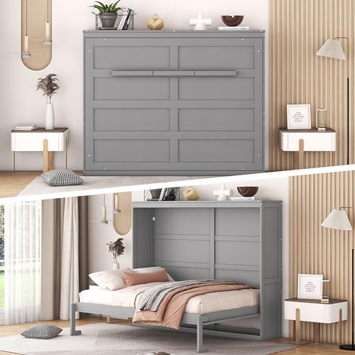 Harper & Bright Designs Full Size Murphy Bed Wall Bed with Storage Cabinets, Space-Saving for Multipurpose Guest Room Bedroom or Home Office, Gray