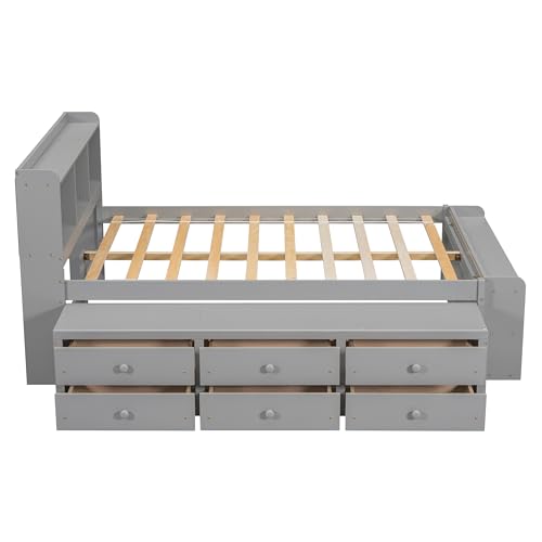 SOFTSEA Full Size Platform Bed with Storage, Platform Bed with Drawers and Bed End Case, Wood Platform Bed Frame with Storage Bookcase Headboard