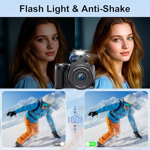 4K Digital Cameras for Photography, 12X Optical Zoom 72MP Vlogging Camera for YouTube with 270°Flip Screen, Autofocus & Anti-Shake Cameras