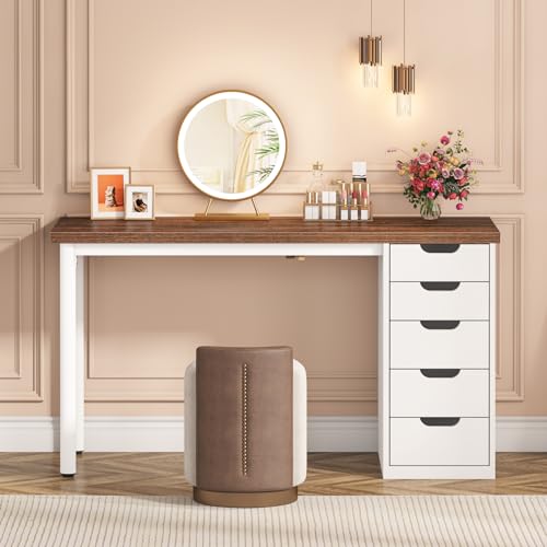Tribesigns 47 inches Vanity Desk with 5 Drawers, Rustic Brown Makeup Vanity Table Dressing Table with Storage, Modern Simple Computer Desk for Women