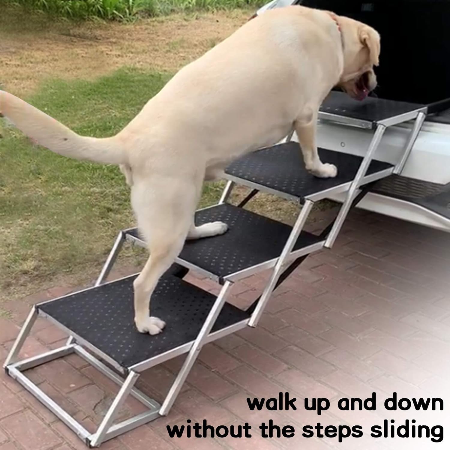 Widen Foldable Dog Car Stairs, Aluminum Frame 4 Steps Portable &Lightweight Pet Stairs, The Widest and Deepest Ladder on The Market