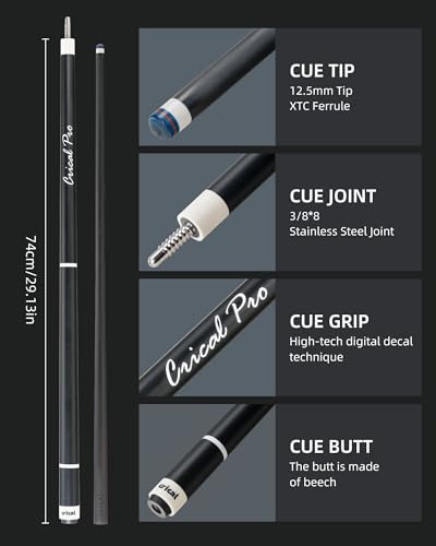 CRICAL Carbon Fiber Pool Cue Stick 58" Billiard Cue Sticks Professional Low Deflection Pool Sticks with 3/8 * 8 Pin Joint and 12.5mm Tip