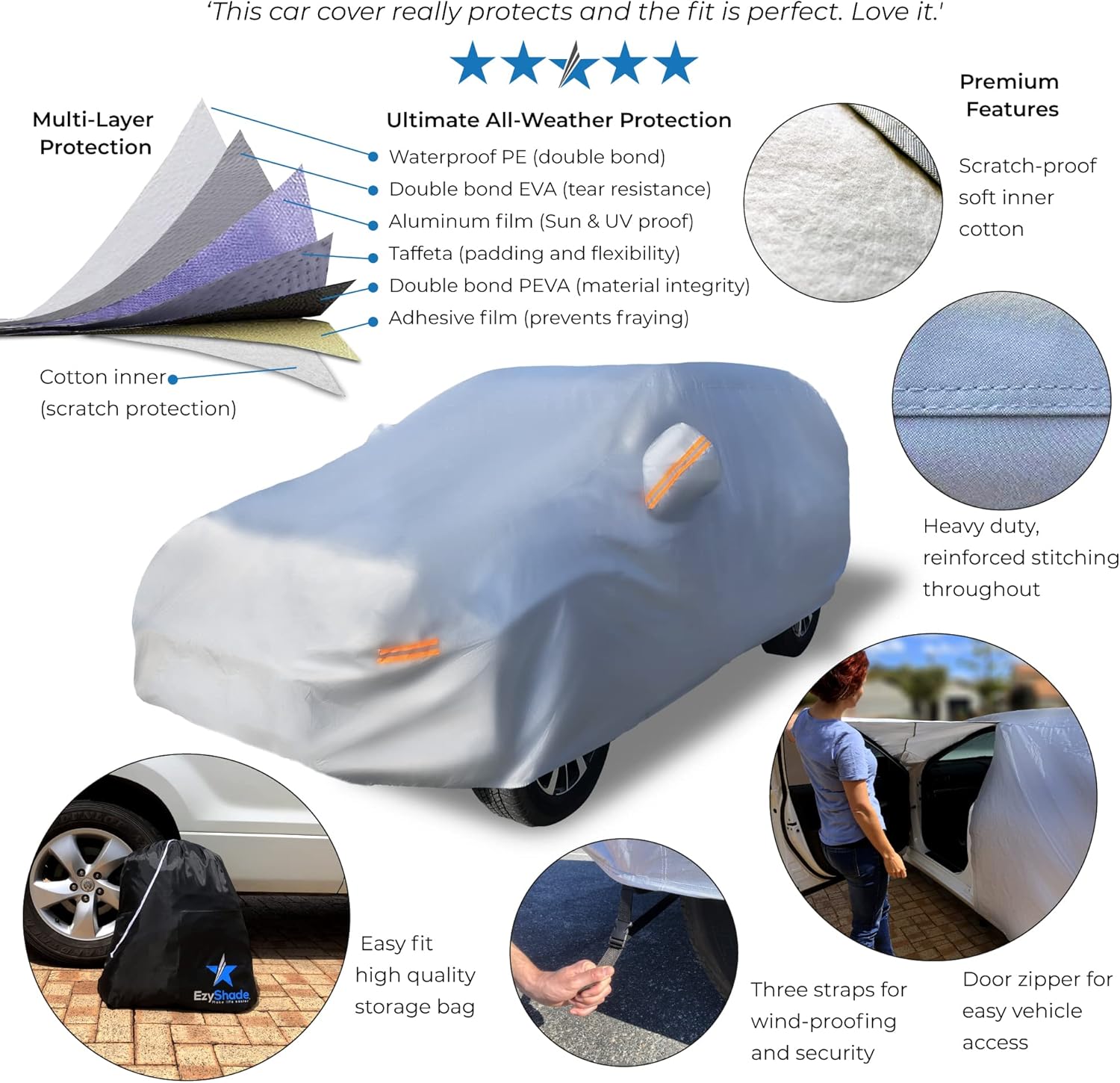 EzyShade 10-Layer Waterproof Car Cover. See Vehicle Size-Chart for Accurate Fit. All Weather Full Exterior Outdoor Covers for SUV MPV Jeep. Sun UV