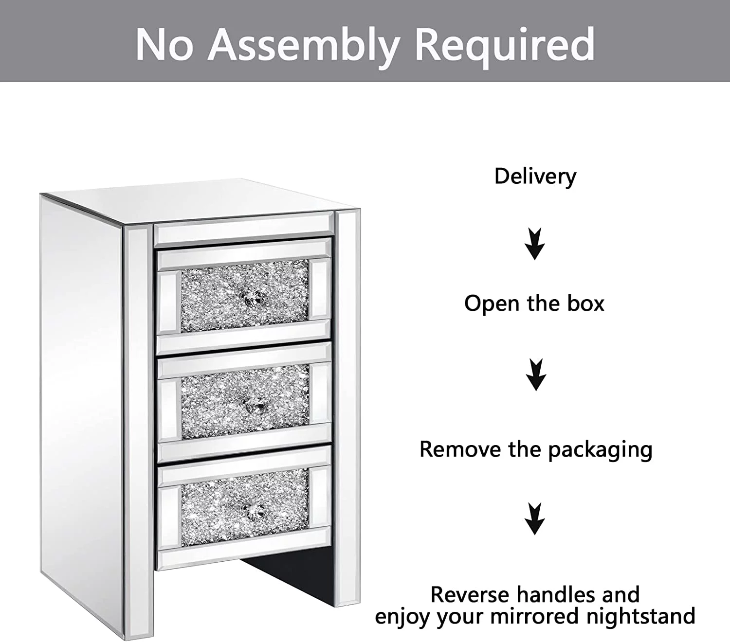 Alohappy Mirrored Nightstand with 3-Drawers, Mirror and Crystal Surface End Table Silver Bedside Table for Living Room/Bedroom, Fully Assembled