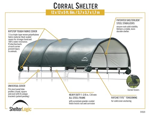 ShelterLogic 12' x 12' Corral Shelter and Livestock Shade Waterproof and UV Treated Universal Cover for Horses, Goats