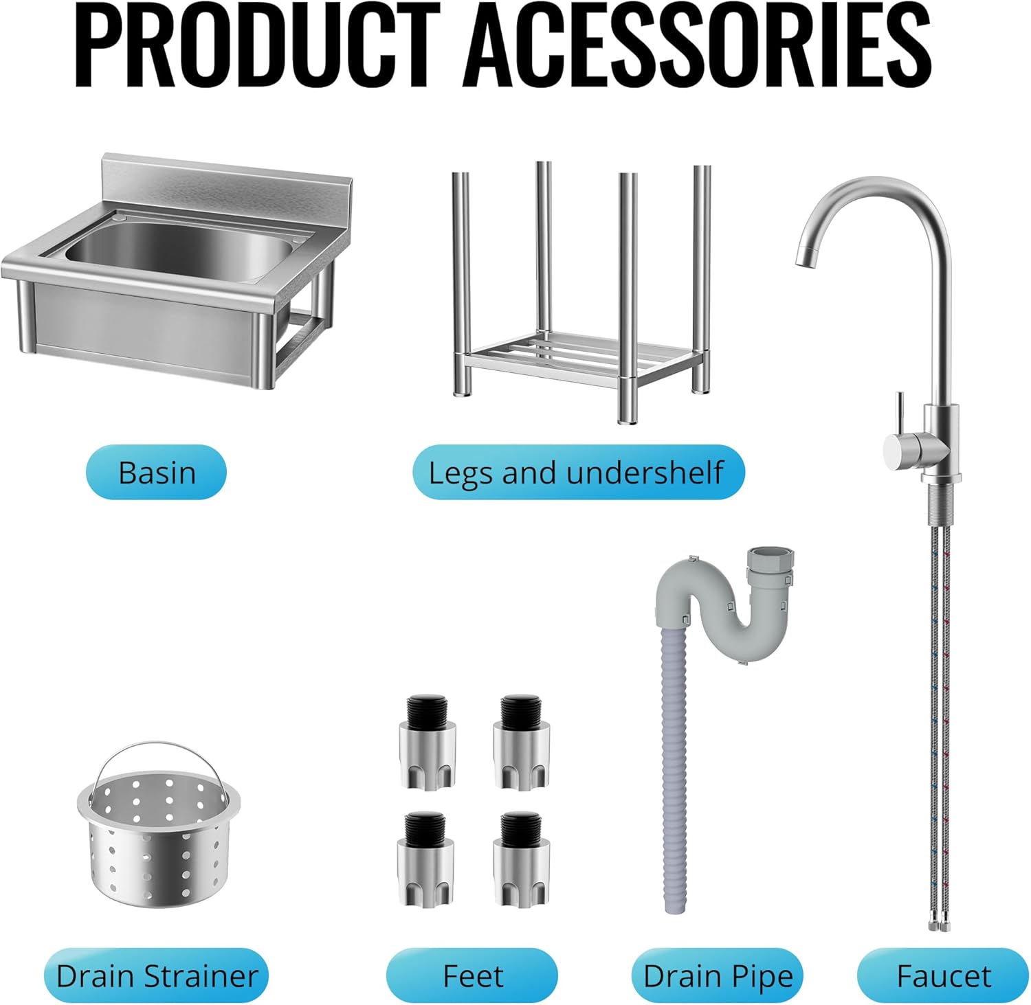 Utility Sink Free Standing Single Bowl Kitchen Sink with Cold and Hot Water Pipe Stainless Steel Sink for Laundry Room Bathroom Farmhouse