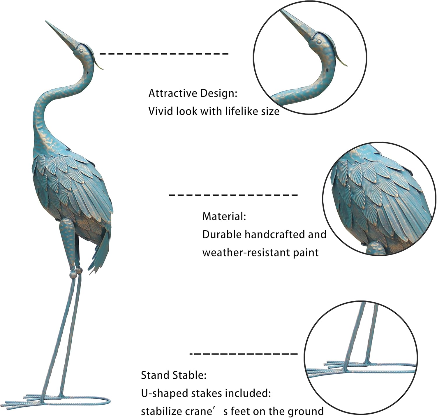 33-37 Inch Metal Crane Garden Statue Décor, 35-40 Inch Standing Garden Crane Statues, Outdoor Decoration for Yard Pond Lawn Backyard Pool