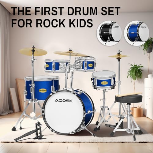 AODSK Kid Drum Sets 5-Piece for Beginners, 14 inch Full Size Complete Drum Kit with Adjustable Throne, Cymbal, Hi-Hat, Pedal & Drumstick, Black