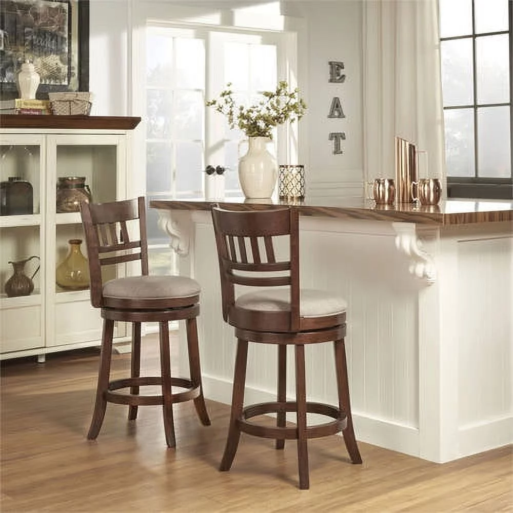 Weston Home Vertical Design Swivel Dark Cherry Finish Wood Counter Height Stool, Gray Linen