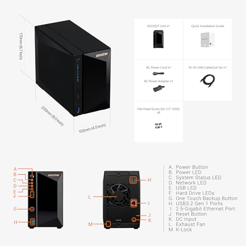 Asustor Drivestor 2 Lite AS1102TL, 2 Bay NAS Enclosure Network Storage, 1.7GHz Quad Core, 1GbE Port, 1GB RAM DDR4