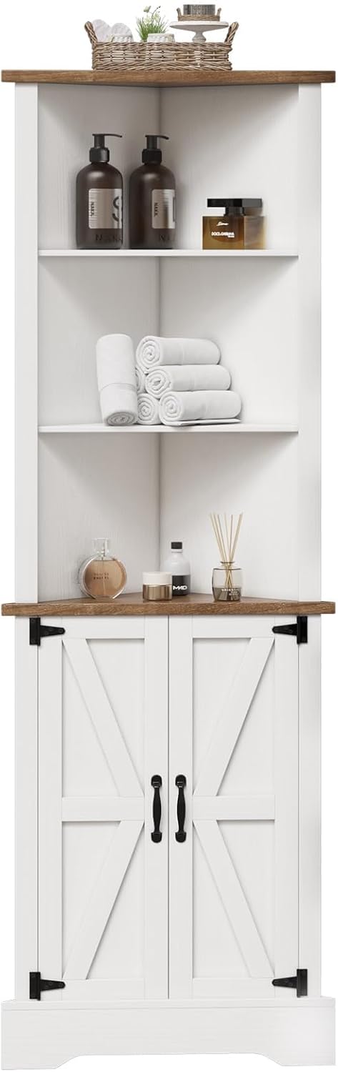 4 EVER WINE Farmhouse Corner Cabinet, Tall Corner Cabinet with 5 Shelves & Barn Doors, Corner Storage Cabinet Home Space Saver for Living Room