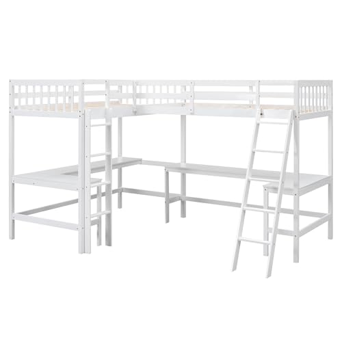 L-Shaped Loft Bed, Wood Twin Size Loft Bed with Desk, L Shaped Beds with Ladder & 2 L-Shaped Desks, Corner Twin Beds for Teens, Adults