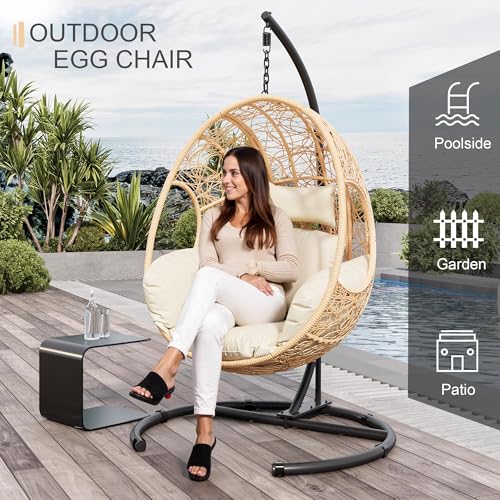 Oversized Hanging Egg Chair Outdoor Indoor, Wicker Swing Egg Chair with Stand 400lbs Capacity for Bedroom, Patio, Garden and Balcony (Beige-nest