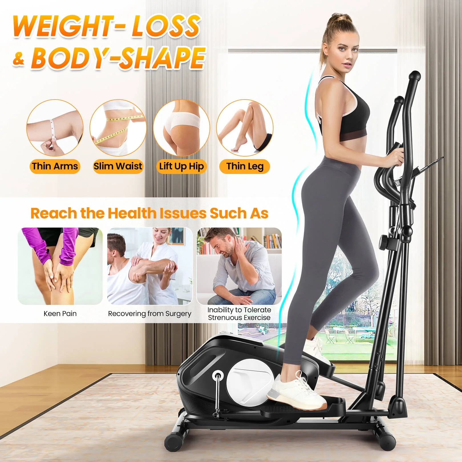 Elliptical Machine 8 Levels Elliptical Trainers with Heart Rate Sensor LCD Monitor Smooth Quiet Driven for Home Gym Office 390lbs Capacity 15inch
