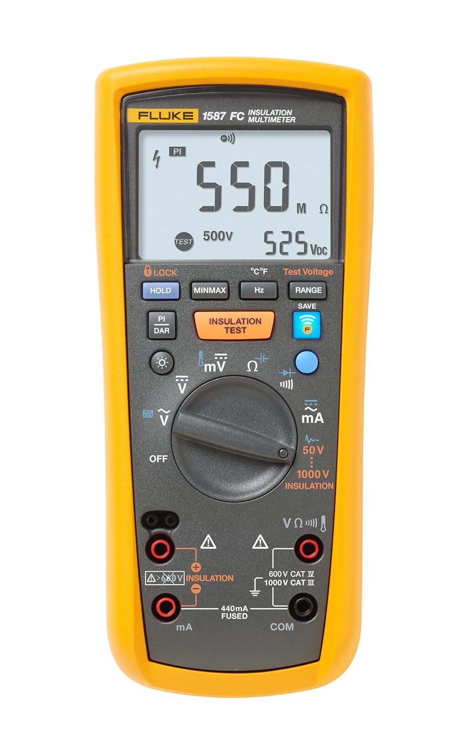 Fluke 1587 FC 2-in-1 Insulation Multimeter, True-RMS, Selectable Insulation Test Voltages Up To 1000 V, Pi/DAR Timed Ratio Tests, Measures Frequency