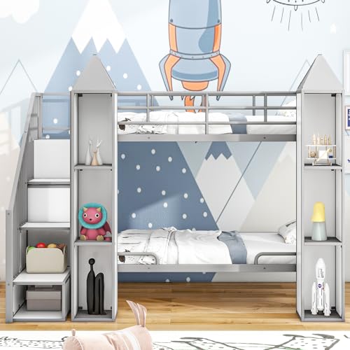 Full-Over-Full Castle Style Bunk Bed with 2 Drawers and 3 Shelves, Wood Bunk Bed Frame with Slide and Storage Staircase for Kids Teens Boys Girls
