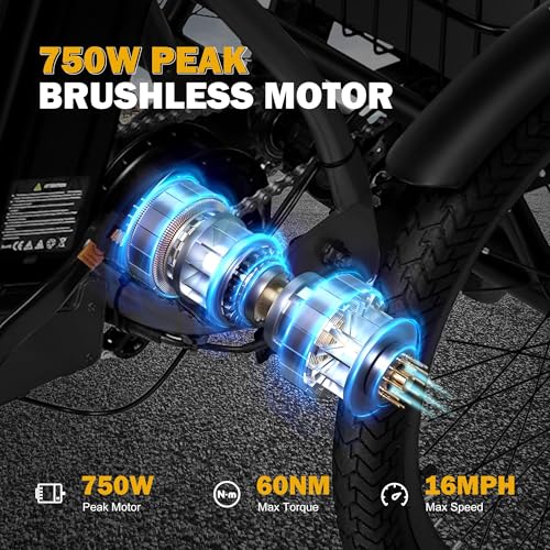 Triker Electric Bike, Peak 750W Brushless Motor Folding Trike Ebike, 468Wh Removable Battery, Step-Thru 3 Wheel Electric Bicycle, Up to 50 Miles