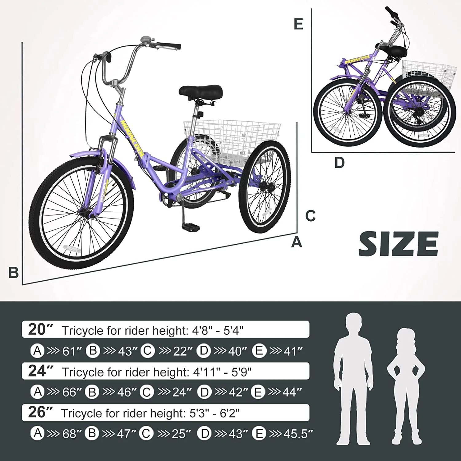 MOONCOOL Adult Folding Tricycle for Adults, 7 Speed 20/24/26 inch 3 Wheels Bikes with Basket, Foldable Tricycle for Adults, Women, Men, Seniors