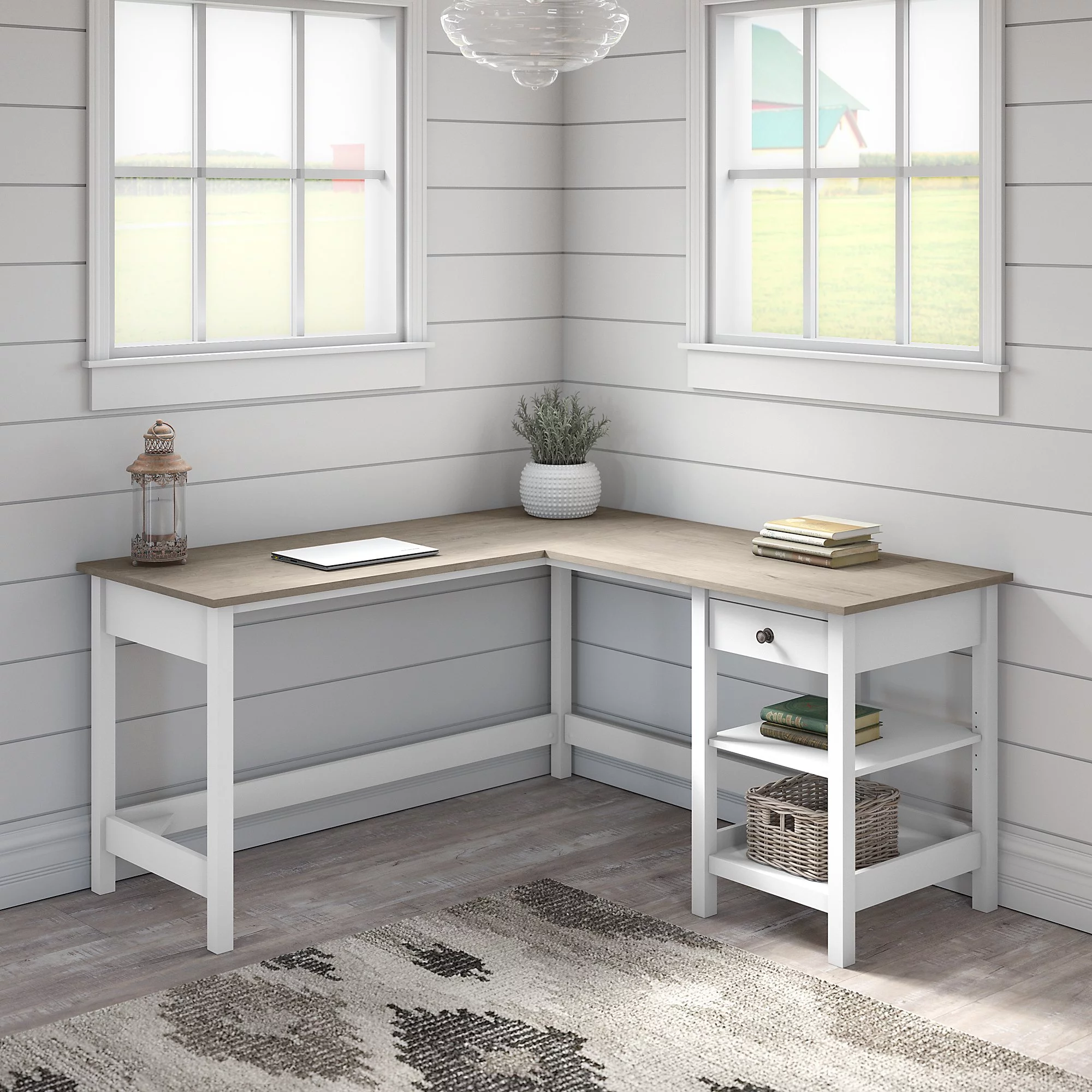 Mayfield 60W L Shaped Computer Desk with Storage in Shiplap Gray and Pure White