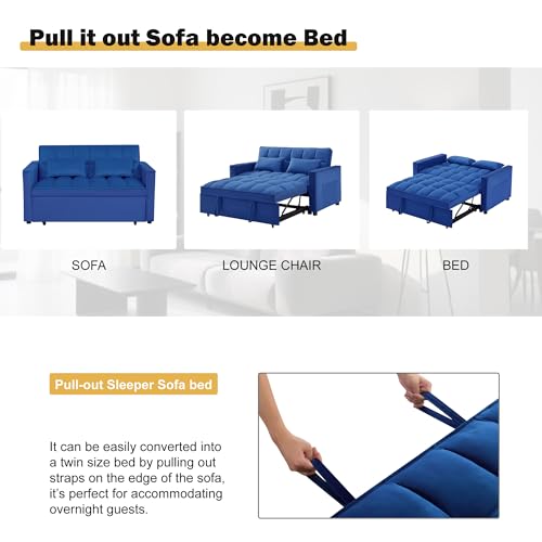 3 in 1 Sleeper Sofa Bed, Futon Sofa Bed for Living Room with Side Pocket, Black Sleepers Sofa Couch with Pullout Bed