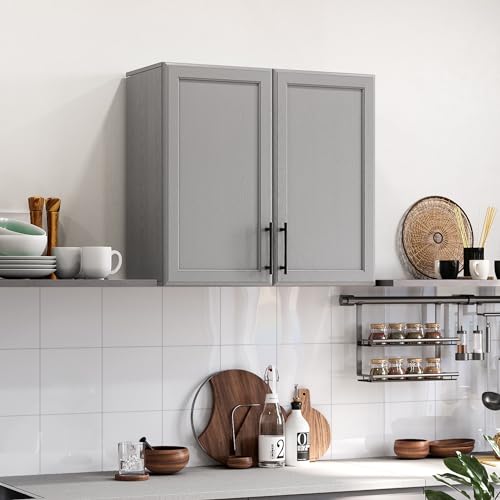 Wall Storage Cabinet - Kitchen Laundry Wall Amount Cabinet with Two Shaker Doors and Shelf, in Grey, 24'Wx2 Pcs