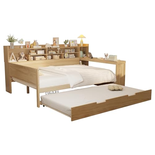 Corner Twin Bed Frame with Bookcase Storage and Desk, Wood Day Beds with 2 Drawers, Twin Size Daybed with Storage for Living Room