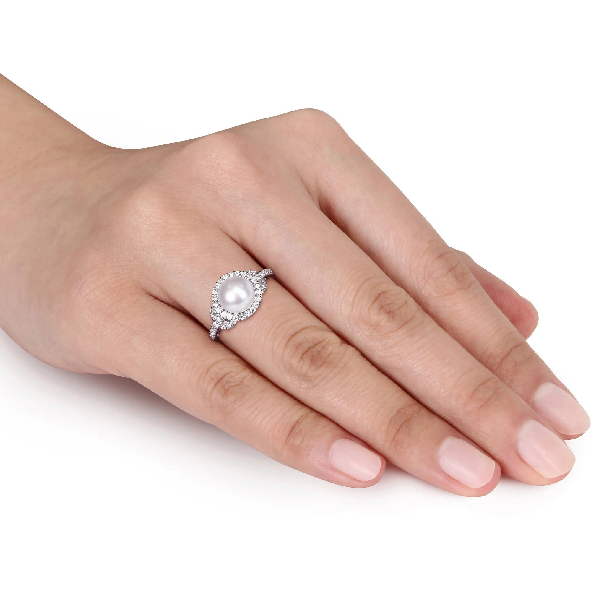 8.5-9mm White Cultured Freshwater Pearl and 1 Carat T.G.W Cubic Zirconia Halo Sterling Silver Ring
