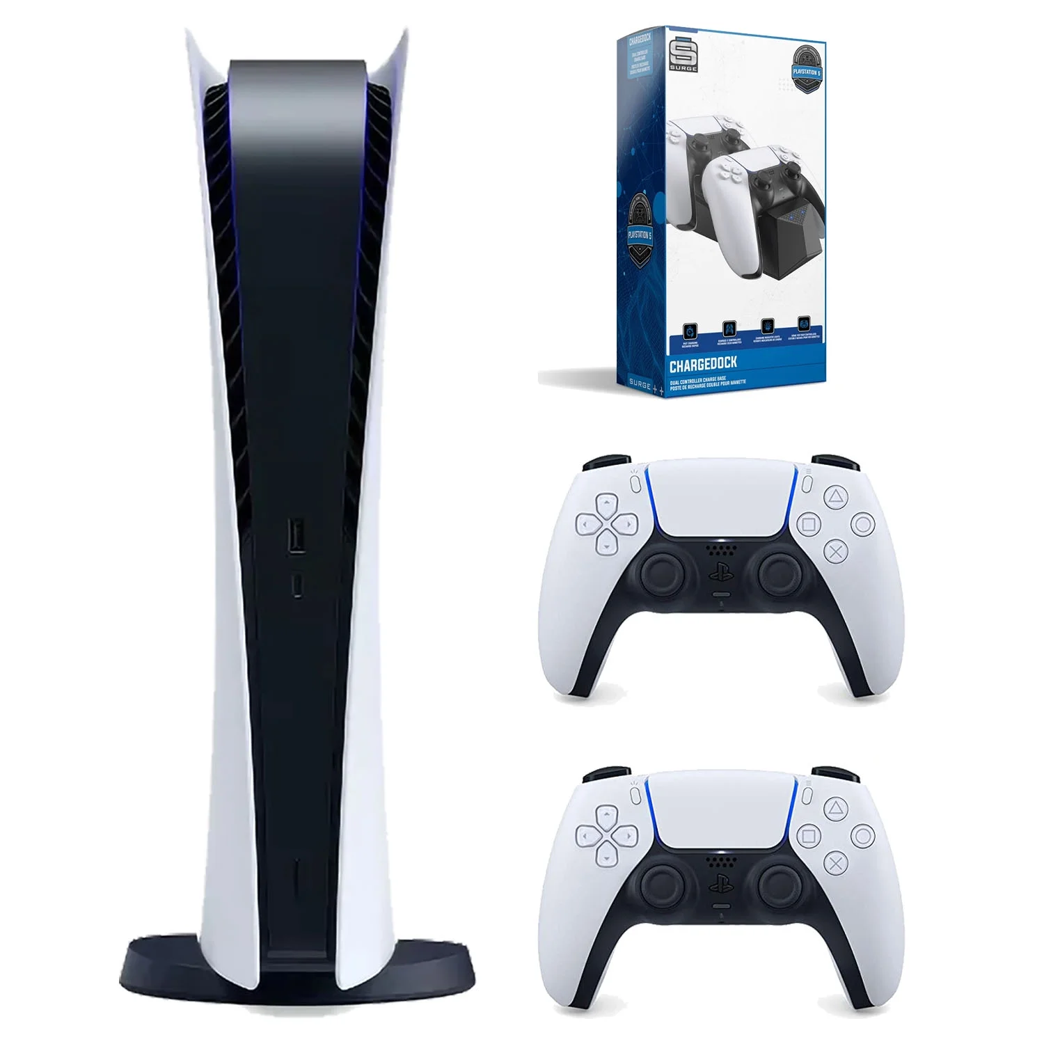 Sony Playstation 5 Digital Edition Console (Japan Import) with Extra White Controller and Surge Dual Controller Charge Dock - Radiant Selections