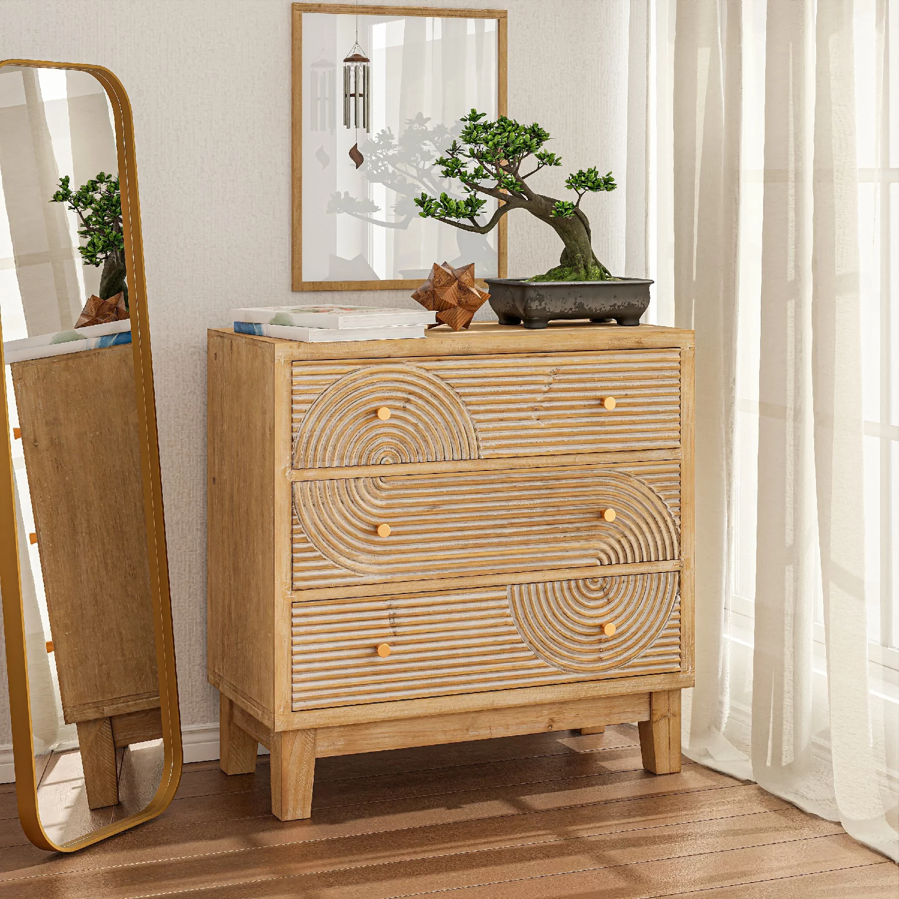 COZAYH 3-Drawer Farmhouse Dresser with Handicraft Wood Ring Motif, Fully Assembled Nightstand Wooden Finish for Boho, Mid-century, Rustic Style