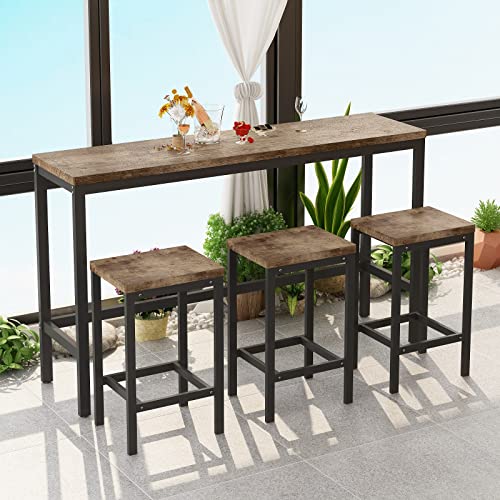 Danxee 4 Piece Iron Kitchen Breakfast Nook Counter Height Dining Table Set with 3 Wood Stools, Compact Kitchen Table for Kitchen, Dining Room